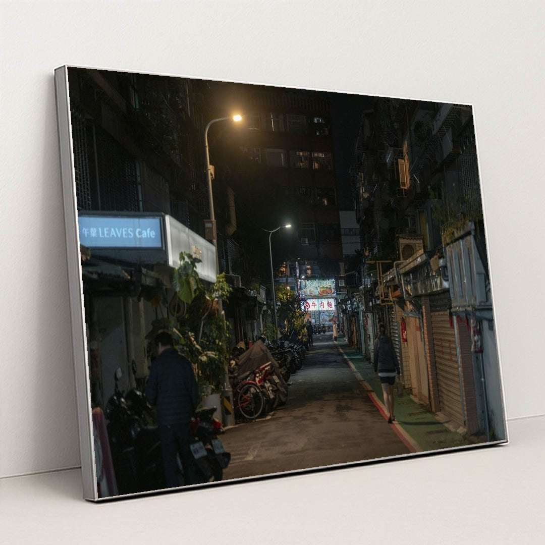 Dimly Lit Alleyway in Taipei with Motorbikes and Cafe Signs at Night by Jimmy Liao - Silver Frame Stretchiez