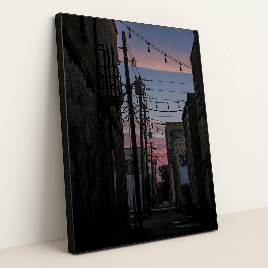 Urban Alleyway at Sunset by Connor McManus - Black Frame Stretchiez