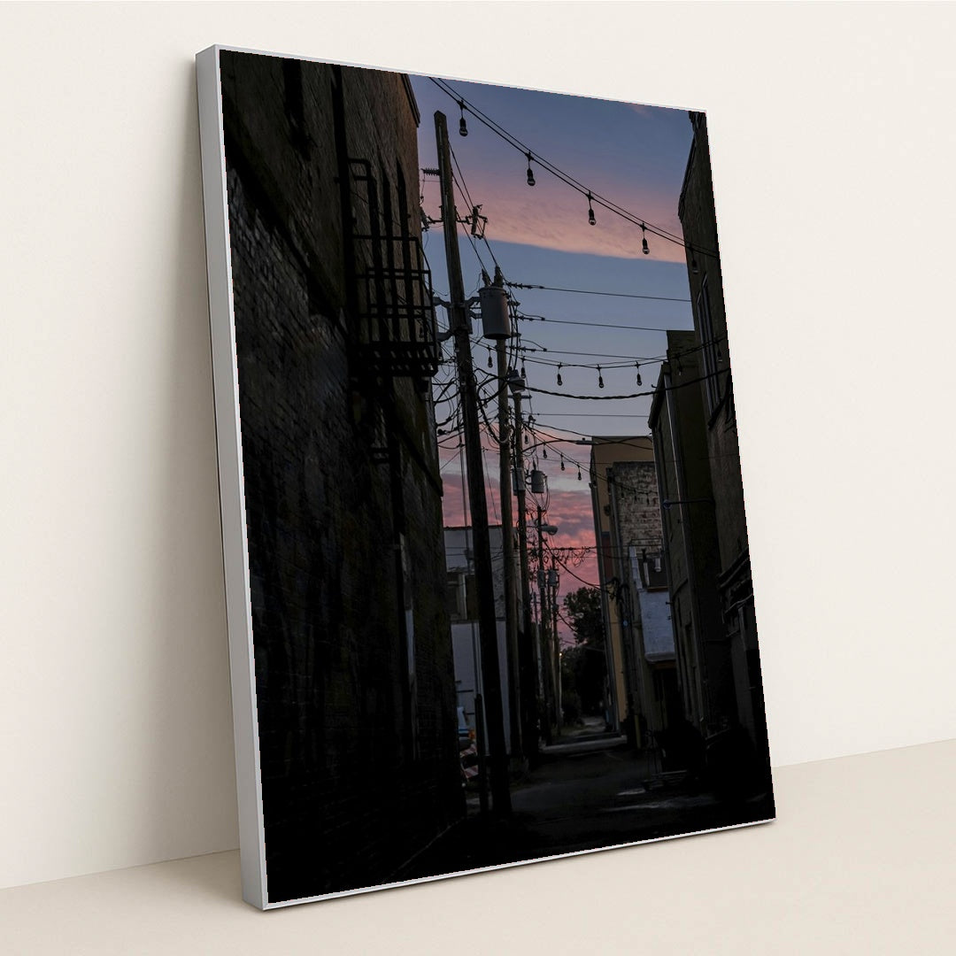 Urban Alleyway at Sunset by Connor McManus - Silver Frame Stretchiez