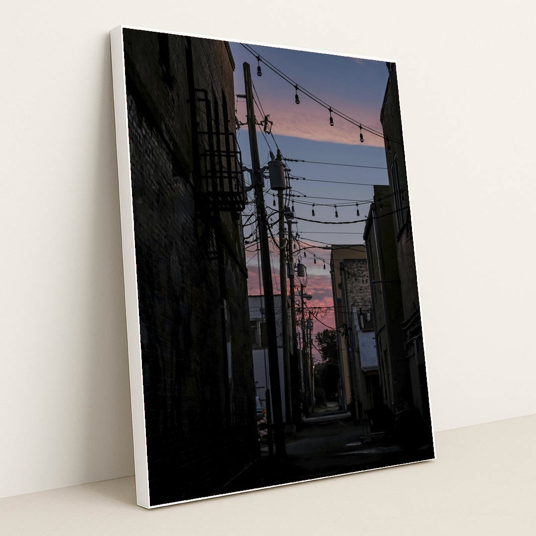 Urban Alleyway at Sunset by Connor McManus - White Frame Stretchiez