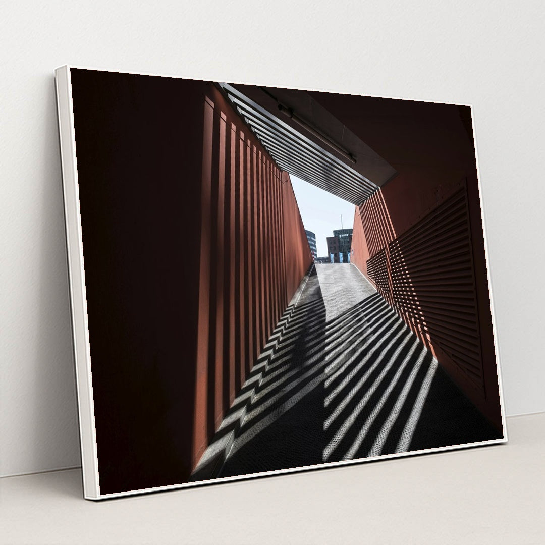 Urban Tunnel Light and Shadow Play by Wolfgang Weiser - White Frame Stretchiez