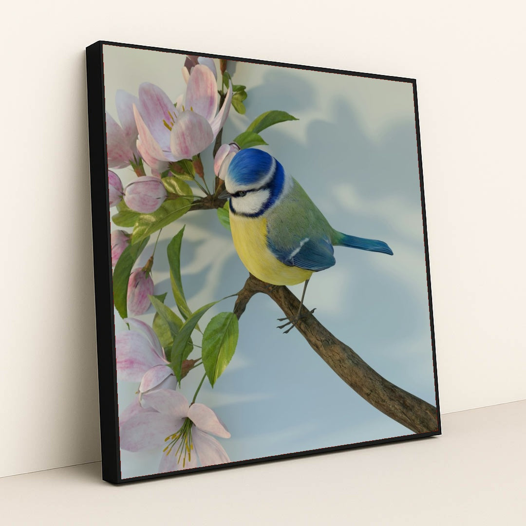 Blue Tit Among Blossoms by Allison Saeng - Black Frame Stretchiez