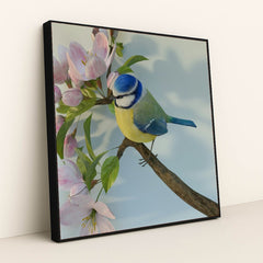 Blue Tit Among Blossoms by Allison Saeng - Black Frame Stretchiez