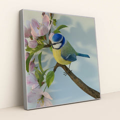 Blue Tit Among Blossoms by Allison Saeng - Silver Frame Stretchiez