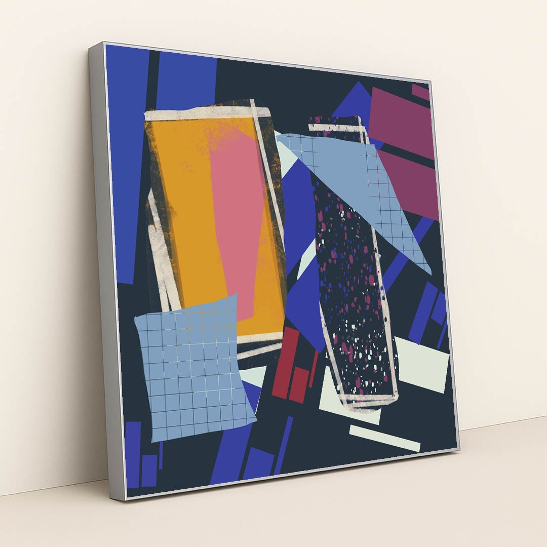 Vibrant Geometric Abstract with Bold Shapes by Steve Johnson - Silver Frame Stretchiez