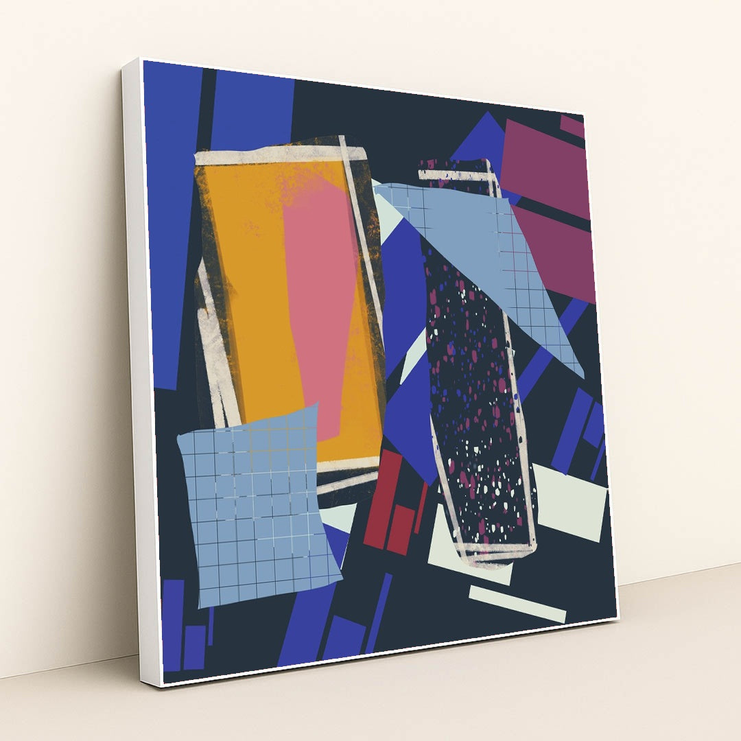 Vibrant Geometric Abstract with Bold Shapes by Steve Johnson - White Frame Stretchiez