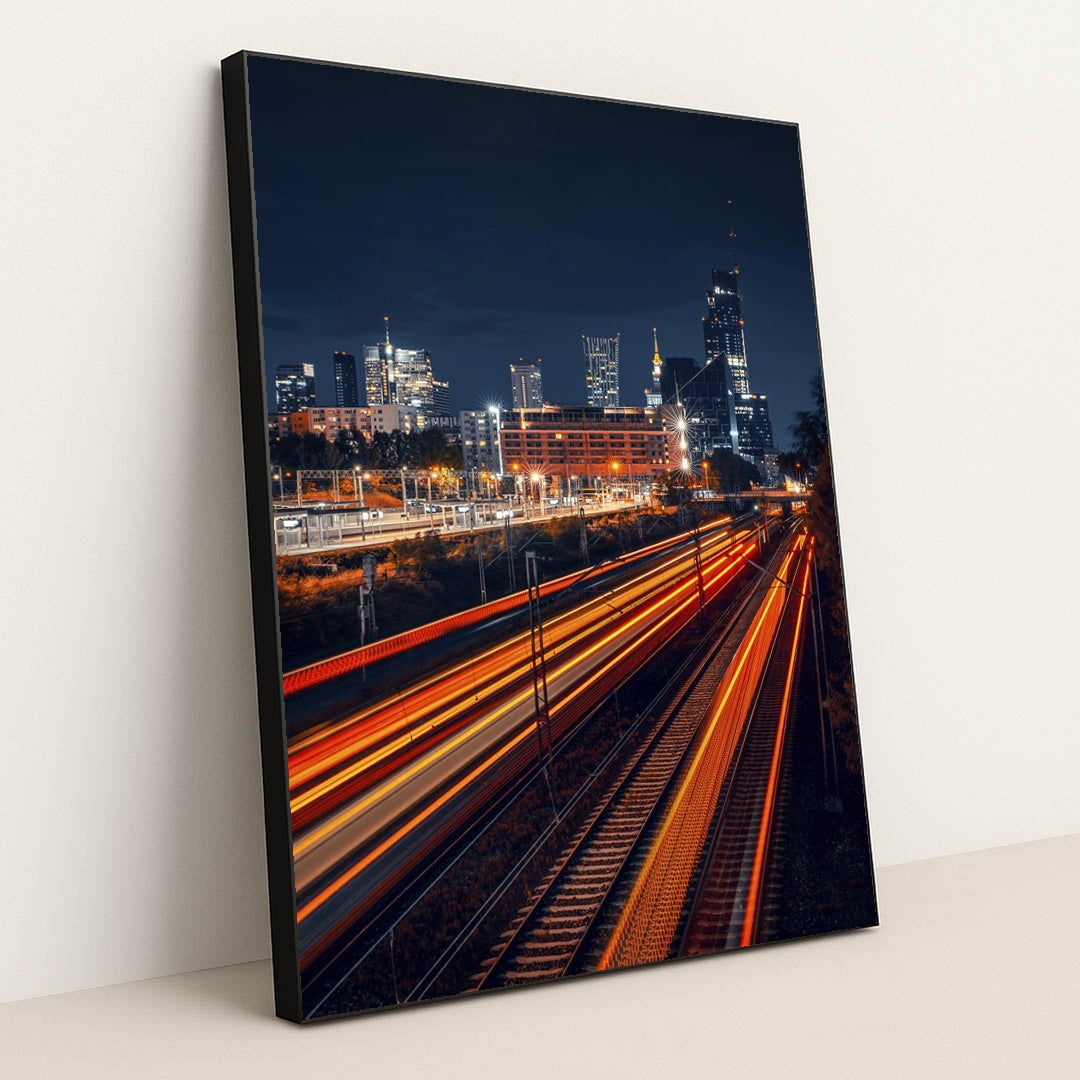 Vibrant Warsaw Skyline at Night by Adam Borkowski - Black Frame Stretchiez