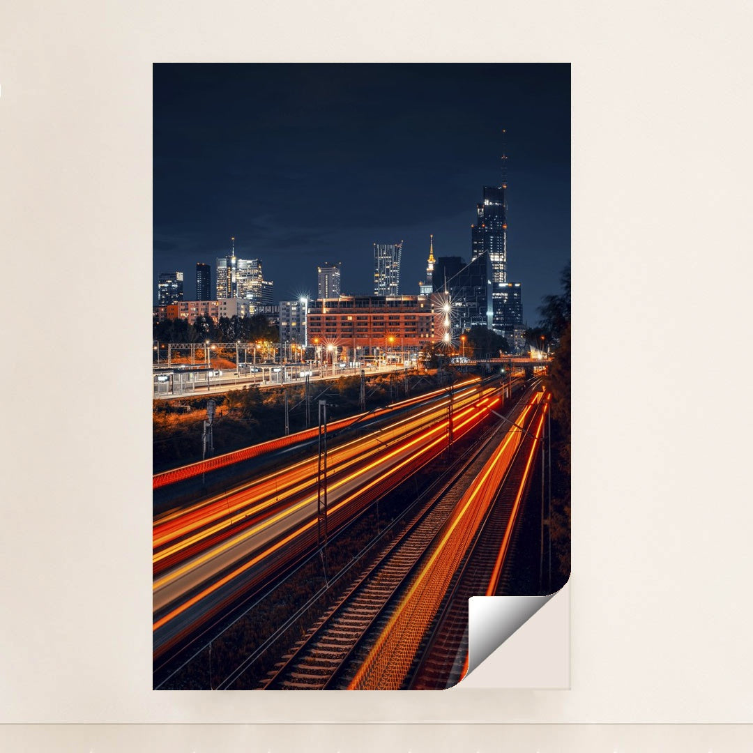 Vibrant Warsaw Skyline at Night by Adam Borkowski - Peeliez