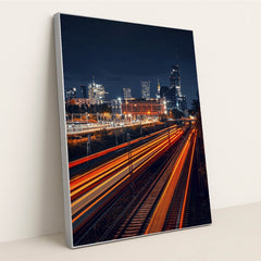 Vibrant Warsaw Skyline at Night by Adam Borkowski - Silver Frame Stretchiez