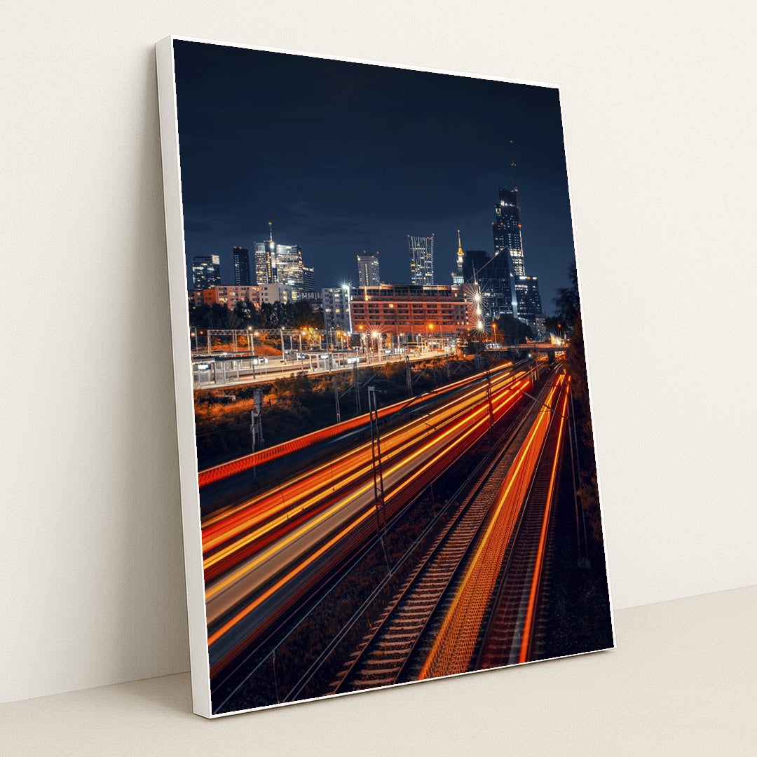 Vibrant Warsaw Skyline at Night by Adam Borkowski - White Frame Stretchiez