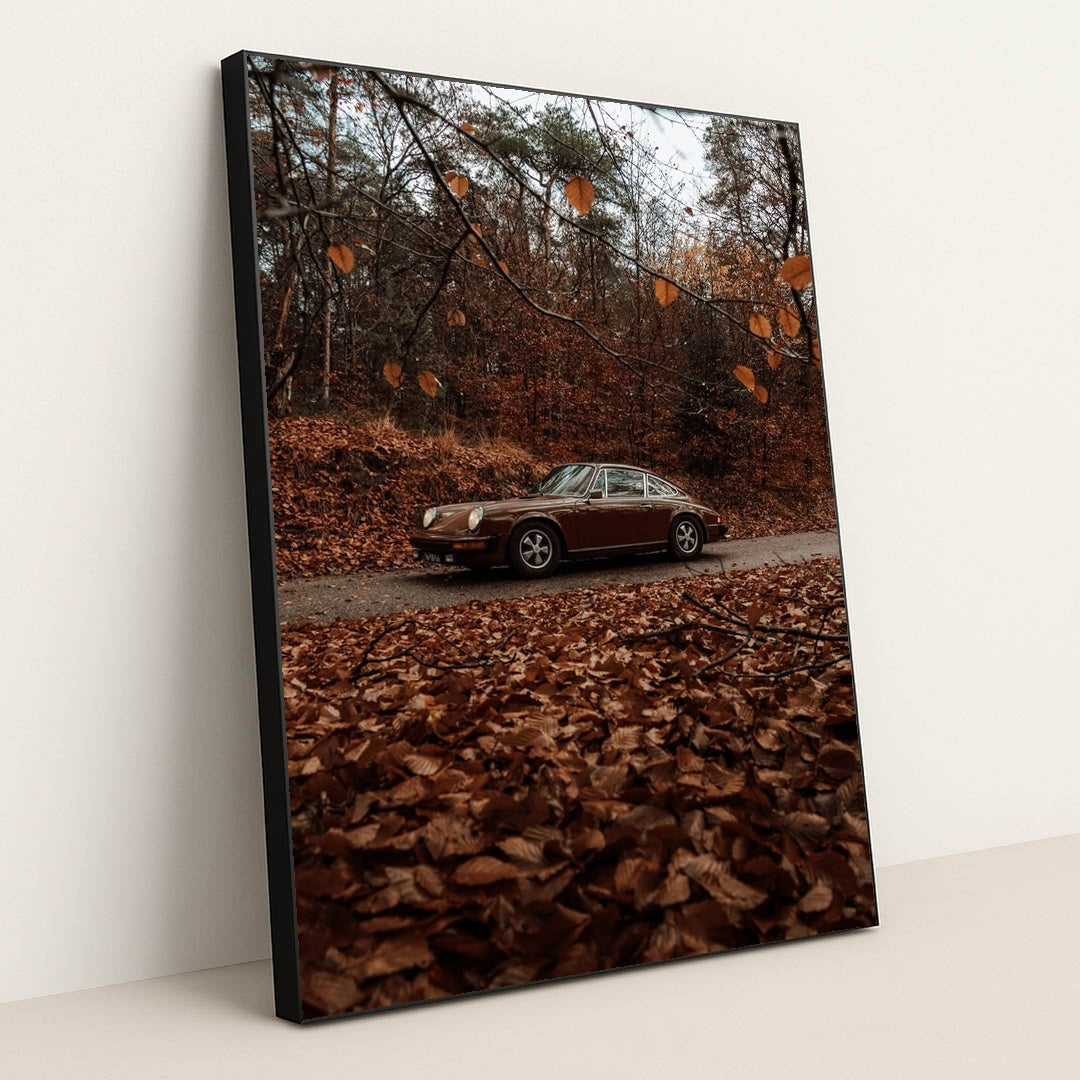 Vintage Porsche Among Fall Leaves by Jorgen Hendriksen - Black Frame Stretchiez