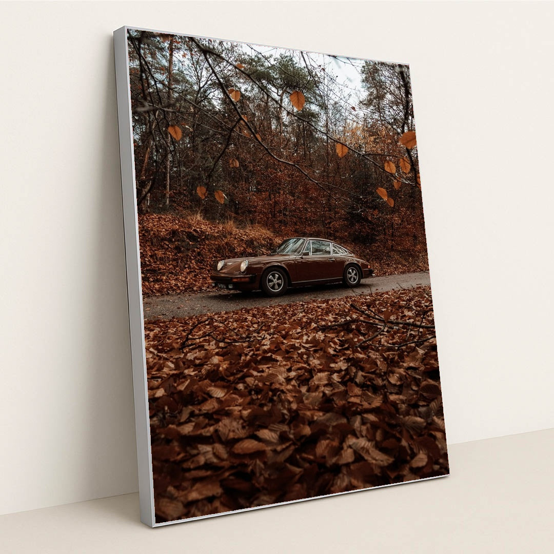 Vintage Porsche Among Fall Leaves by Jorgen Hendriksen - Silver Frame Stretchiez