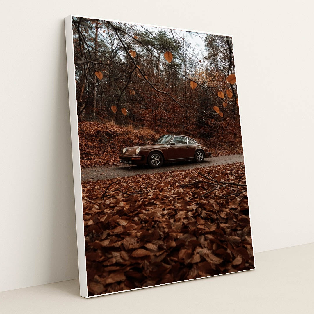 Vintage Porsche Among Fall Leaves by Jorgen Hendriksen - White Frame Stretchiez