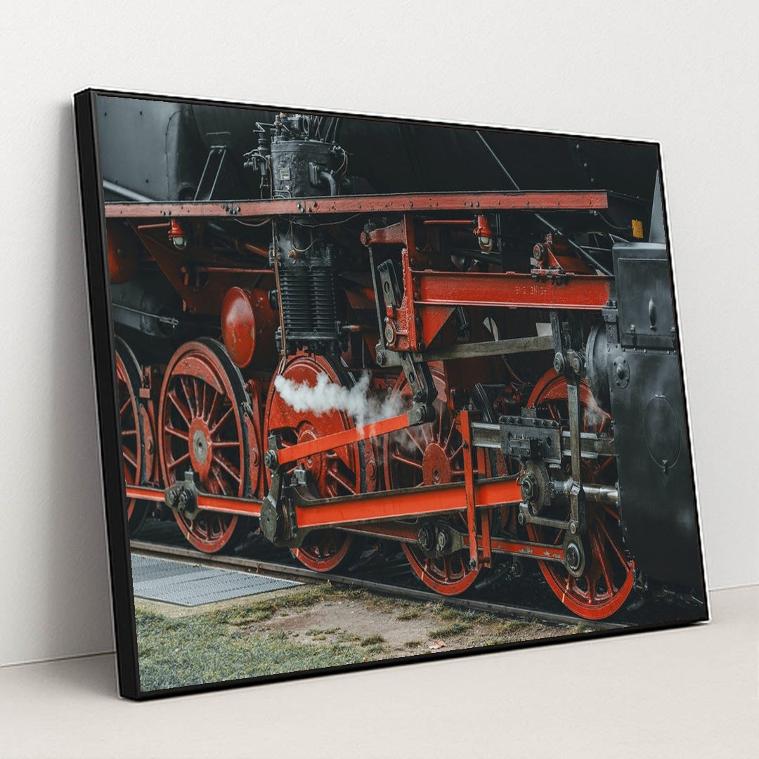 Vintage Steam Train Wheels Close-Up by Masood Aslami - Black Frame Stretchiez