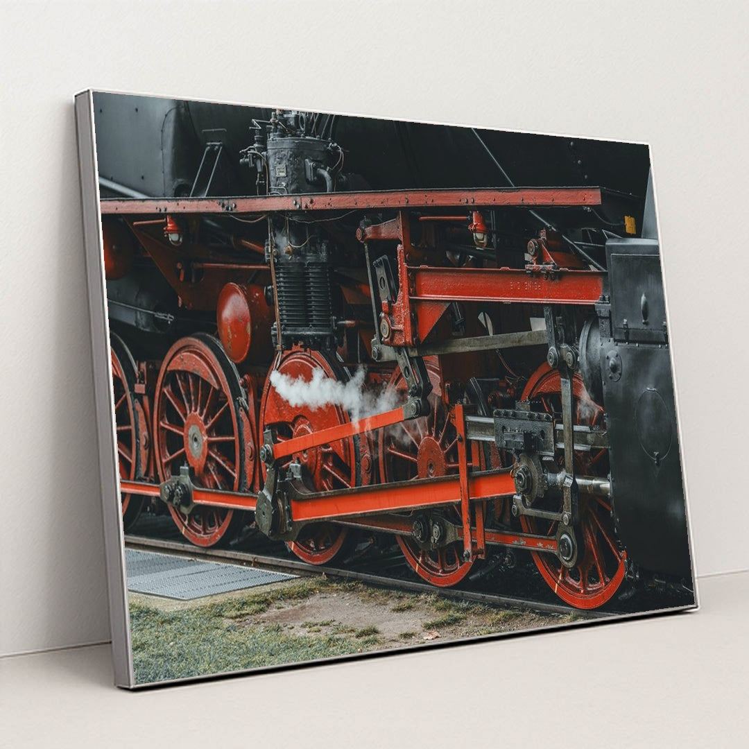 Vintage Steam Train Wheels Close-Up by Masood Aslami - Silver Frame Stretchiez