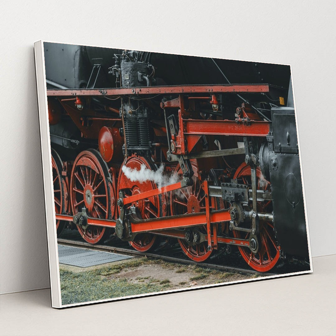 Vintage Steam Train Wheels Close-Up by Masood Aslami - White Frame Stretchiez