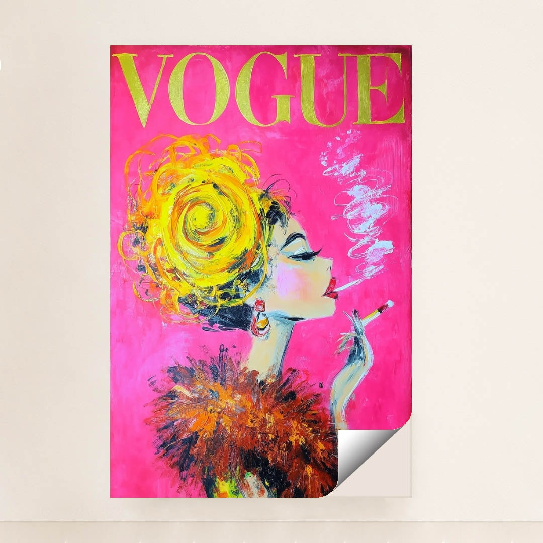 This artwork shows a glamorous painted woman with a yellow updo, feathered collar, and cigarette on a vivid pink Vogue magazine cover, unframed.