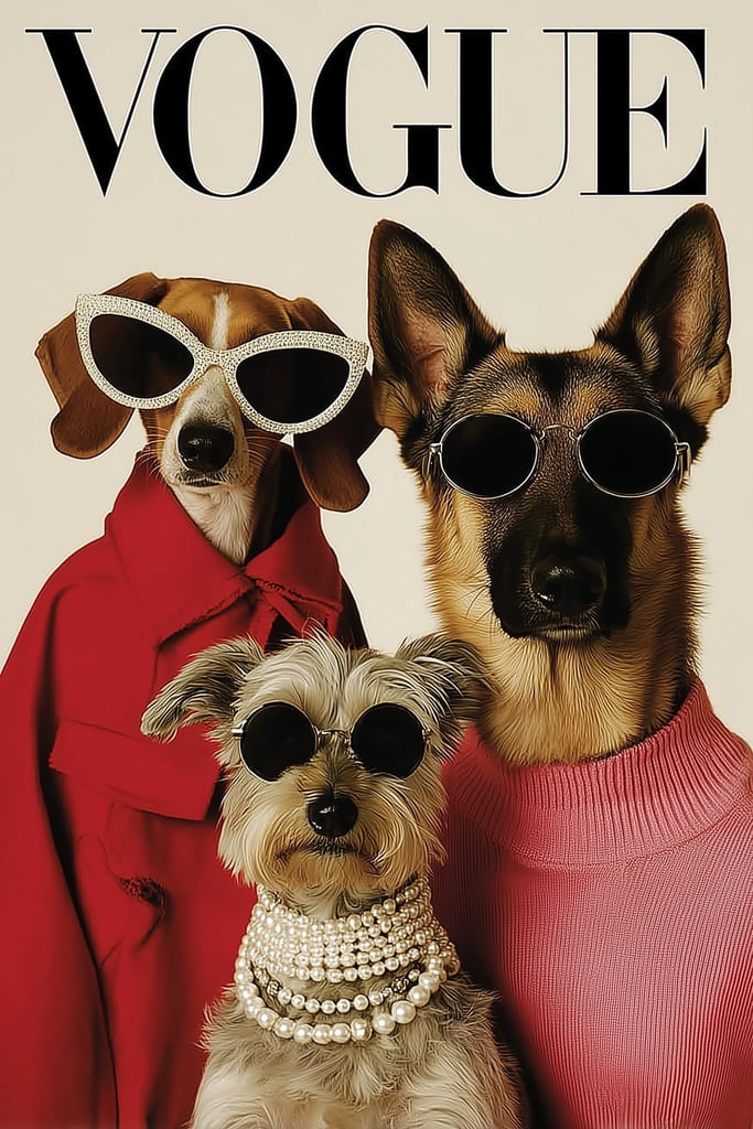 This artwork shows three stylish dogs wearing sunglasses, coats, and pearls posing on a Vogue magazine cover.