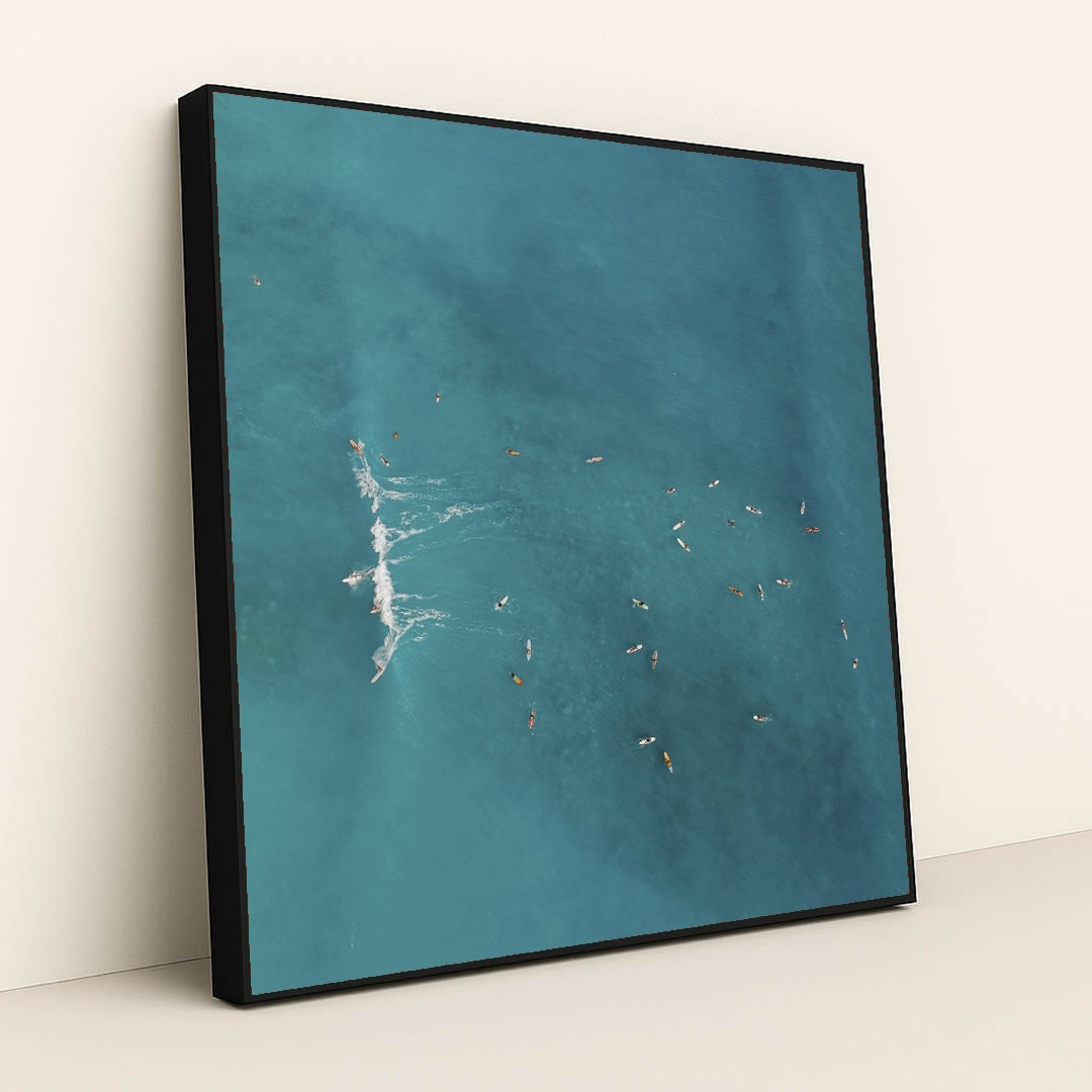 Surfers in Turquoise Waikiki Waters by Jess Loiterton - Black Frame Stretchiez