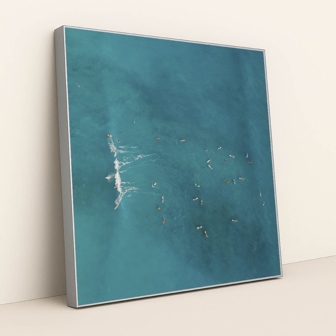 Surfers in Turquoise Waikiki Waters by Jess Loiterton - Silver Frame Stretchiez