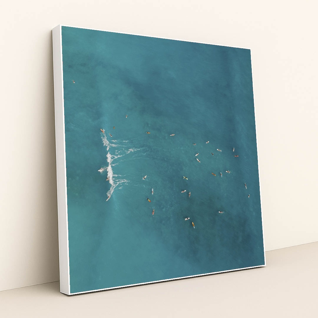 Surfers in Turquoise Waikiki Waters by Jess Loiterton - White Frame Stretchiez