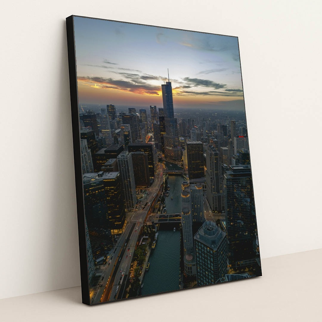Chicago Skyline at Dusk by Willian Justen de Vasconcellos - Black Frame Stretchiez