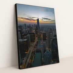 Chicago Skyline at Dusk by Willian Justen de Vasconcellos - Black Frame Stretchiez