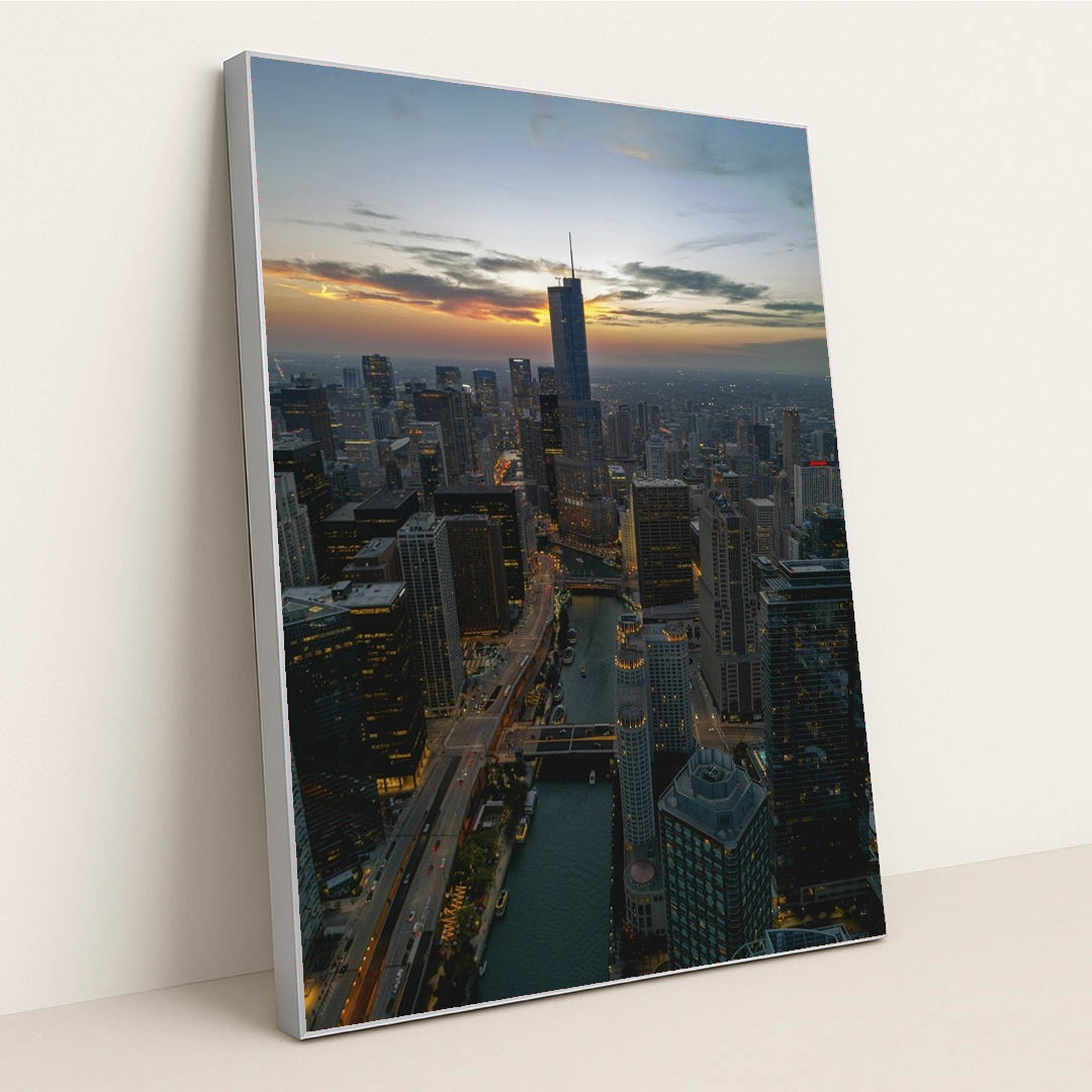 Chicago Skyline at Dusk by Willian Justen de Vasconcellos - Silver Frame Stretchiez