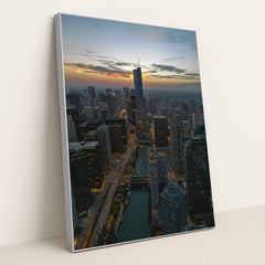 Chicago Skyline at Dusk by Willian Justen de Vasconcellos - Silver Frame Stretchiez