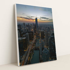 Chicago Skyline at Dusk by Willian Justen de Vasconcellos - White Frame Stretchiez