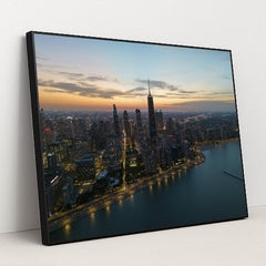 Twilight Chicago Skyline Aerial View by Willian Justen de Vasconcellos - Black Frame Stretchiez