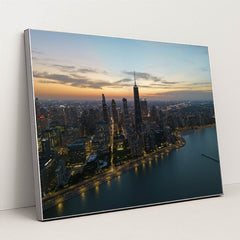 Twilight Chicago Skyline Aerial View by Willian Justen de Vasconcellos - Silver Frame Stretchiez