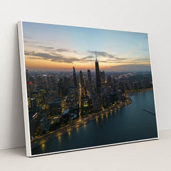 Twilight Chicago Skyline Aerial View by Willian Justen de Vasconcellos - White Frame Stretchiez