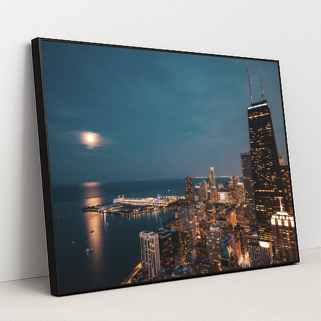 Moonlit Chicago Skyline by Willian Justen de Vasconcellos - Black Frame Stretchiez