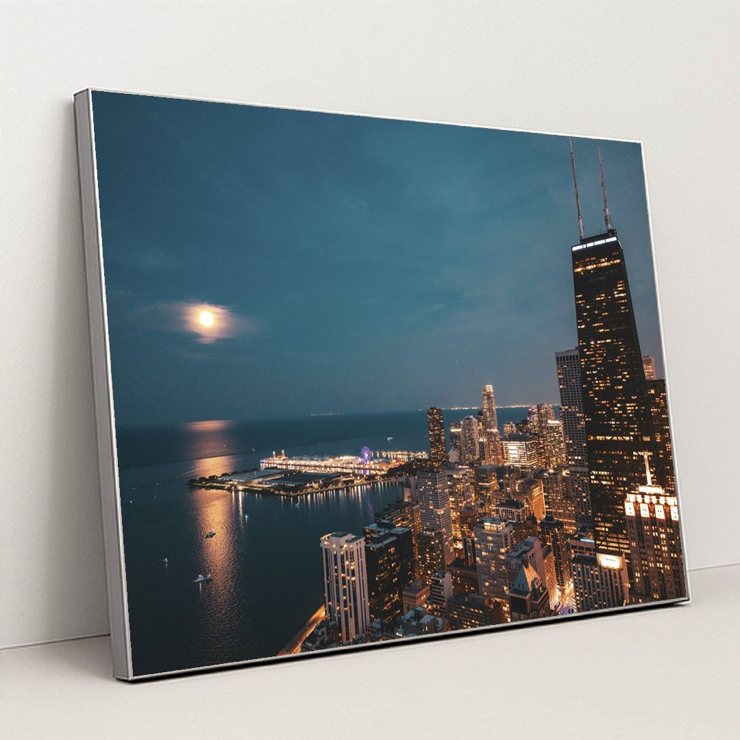 Moonlit Chicago Skyline by Willian Justen de Vasconcellos - Silver Frame Stretchiez