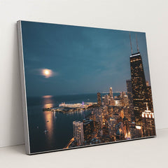 Moonlit Chicago Skyline by Willian Justen de Vasconcellos - Silver Frame Stretchiez