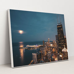 Moonlit Chicago Skyline by Willian Justen de Vasconcellos - White Frame Stretchiez