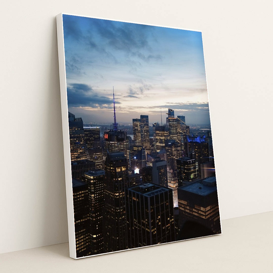 Aerial View of New York City at Dusk by Shojol Islam - White Frame Stretchiez