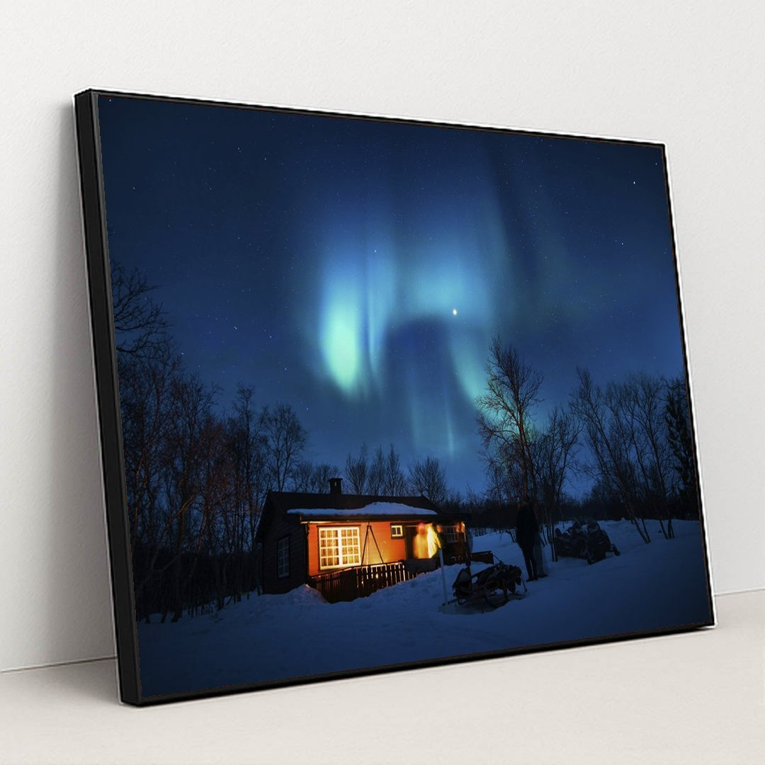 Aurora Borealis Over Winter Cabin by Stefan Stefancik - Black Frame Stretchiez