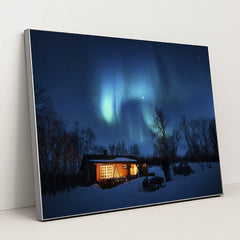 Aurora Borealis Over Winter Cabin by Stefan Stefancik - Silver Frame Stretchiez