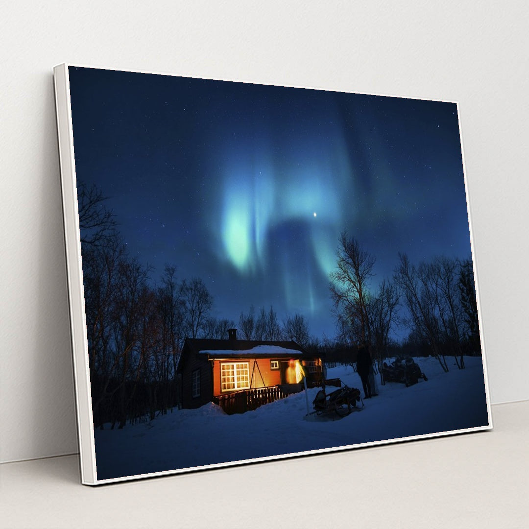Aurora Borealis Over Winter Cabin by Stefan Stefancik - White Frame Stretchiez