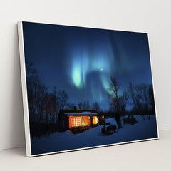 Aurora Borealis Over Winter Cabin by Stefan Stefancik - White Frame Stretchiez