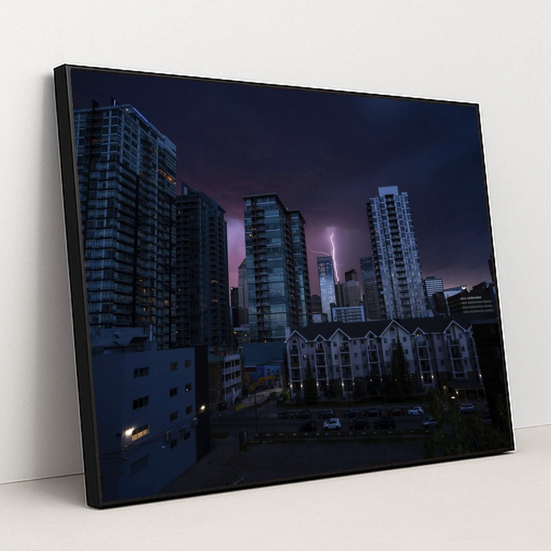 City Skyline Under Lightning by Donovan Kelly - Black Frame Stretchiez