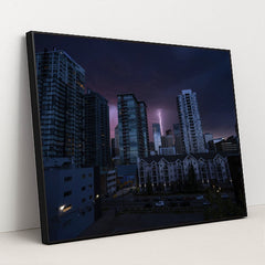 City Skyline Under Lightning by Donovan Kelly - Black Frame Stretchiez