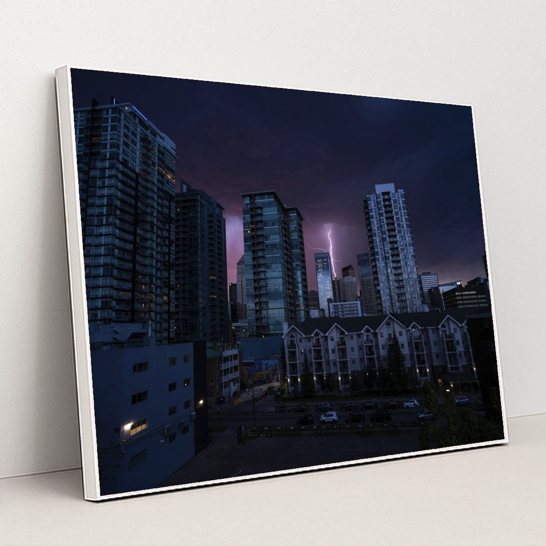 City Skyline Under Lightning by Donovan Kelly - White Frame Stretchiez