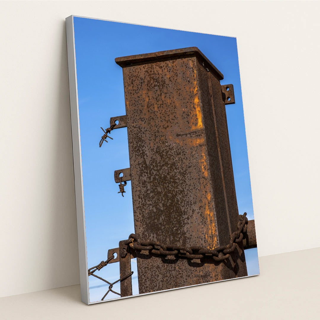 Rusty Post with Chains and Barbed Wire by Victor Moragriega - Silver Frame Stretchiez