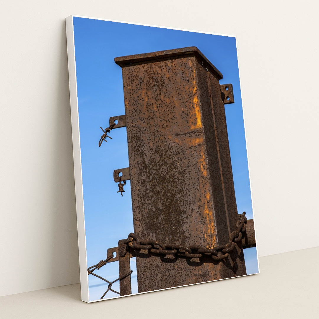 Rusty Post with Chains and Barbed Wire by Victor Moragriega - White Frame Stretchiez