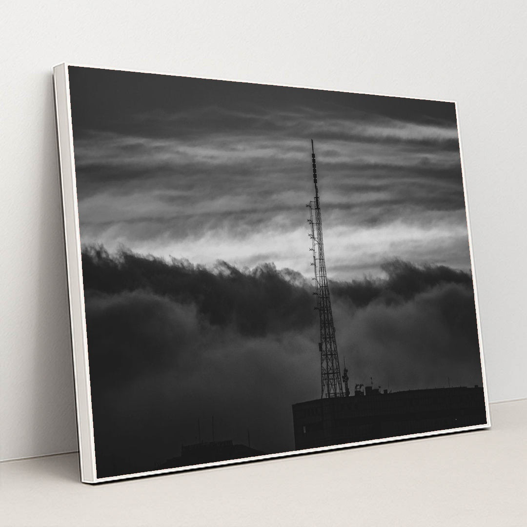 Dramatic Antenna Tower in Black and White by Anderson Santos - White Frame Stretchiez