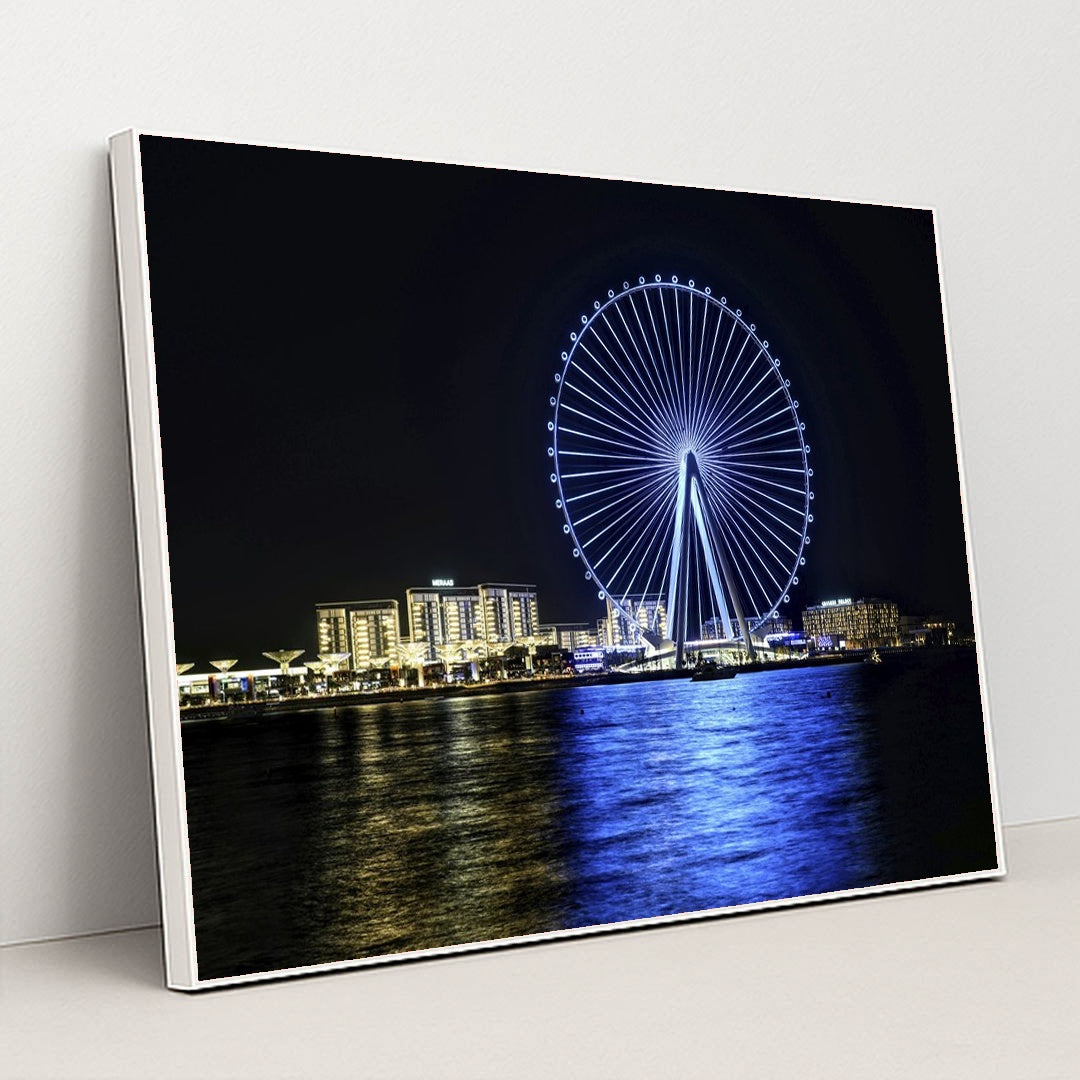 Dubai's Ferris Wheel at Night by Hugo Sykes - White Frame Stretchiez