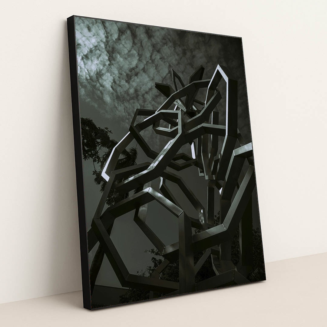 Urban Futuristic Metal Sculpture by Moon Bouy - Black Frame Stretchiez